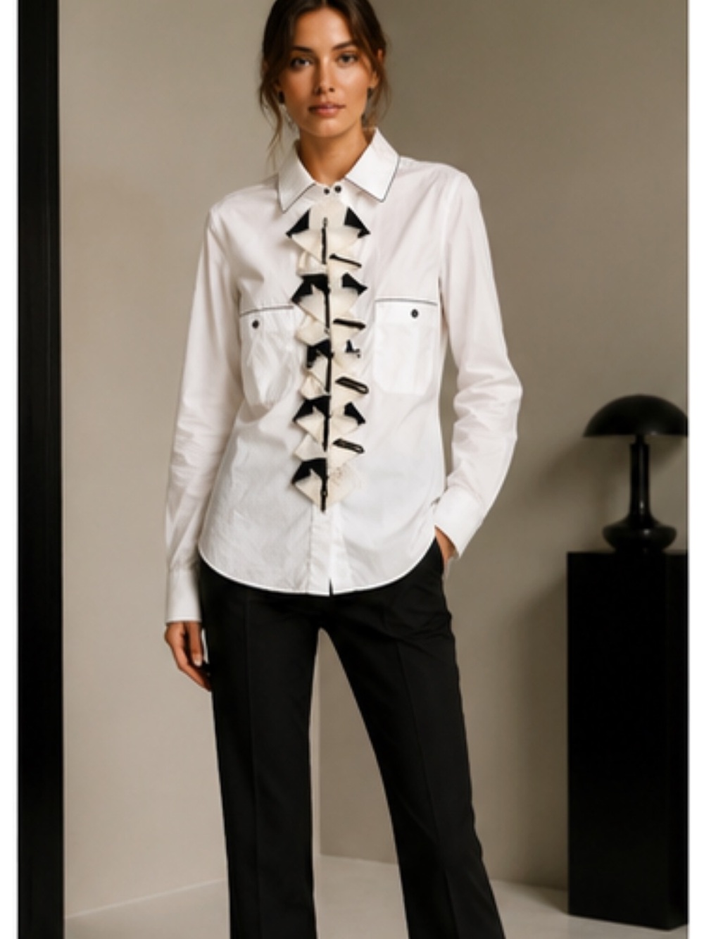 CHANEL by Karl Lagerfeld 2008 Black & White Ruffle Jabot Cotton Blouse